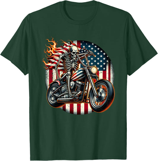 USA Flag Motorcycle Skeleton Biker 4th July American Patriot T-Shirt - T-Shirt | Forest