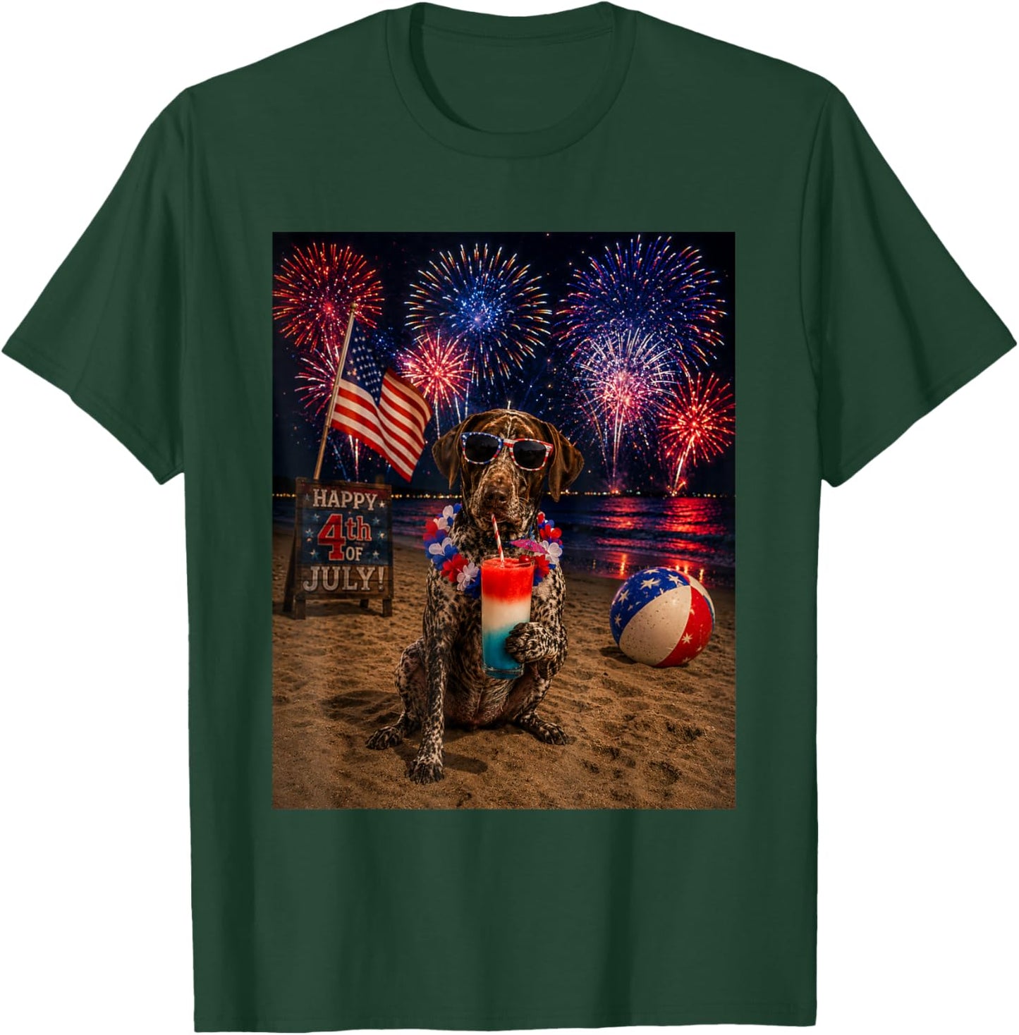 German Shorthaired Pointer Patriotic Beach Fireworks Dog T-Shirt - T-Shirt | Forest