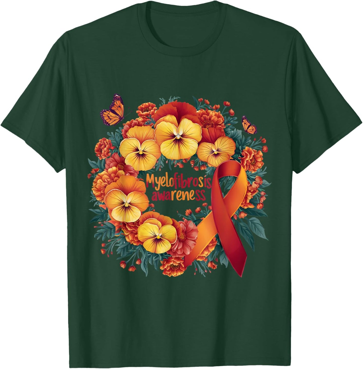 Myelofibrosis Awareness orange and red floral and ribbon T-Shirt - T-Shirt | Forest