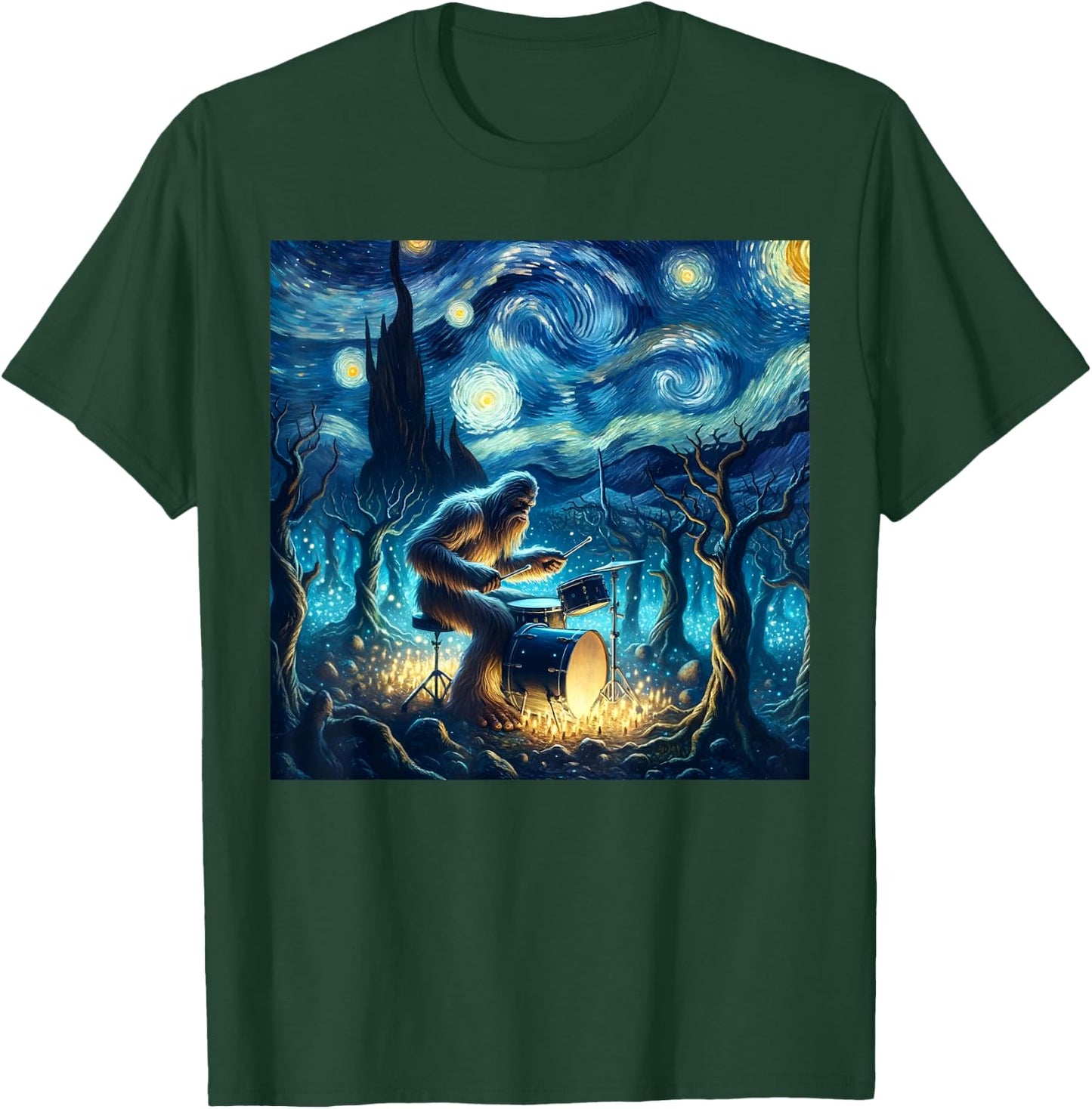 Bigfoot Playing Drums Starry Night Van Gogh Drummer Boys Men T-Shirt - T-Shirt | Forest