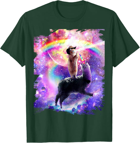 Laser Galaxy Space Cat on Rainbow Llama Unicorn T-Shirt - T-Shirt | Forest