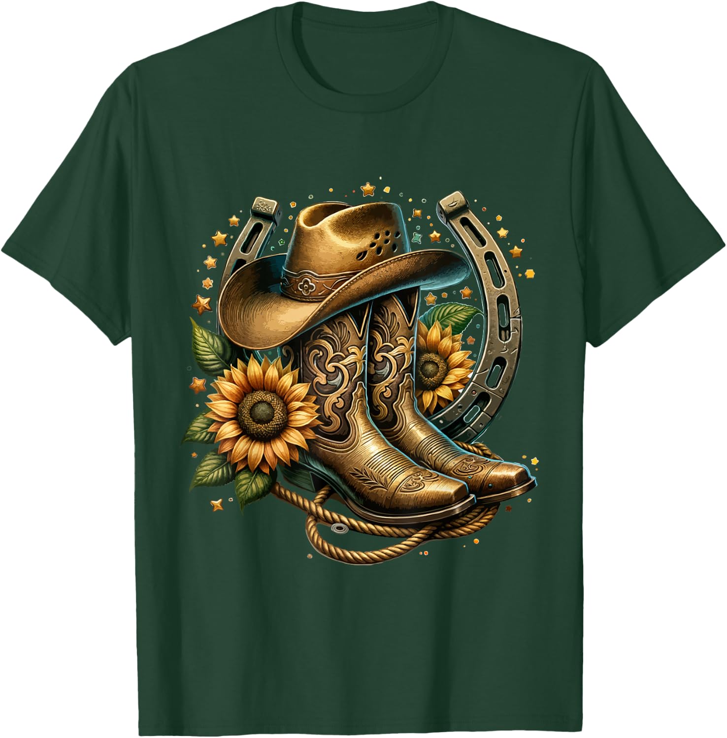 Vintage Rustic Western Country Cowboy Boot Art - Women's Western Themed Floral Boot, Rope & Hat - Black, Small T-Shirt - T-Shirt | Forest