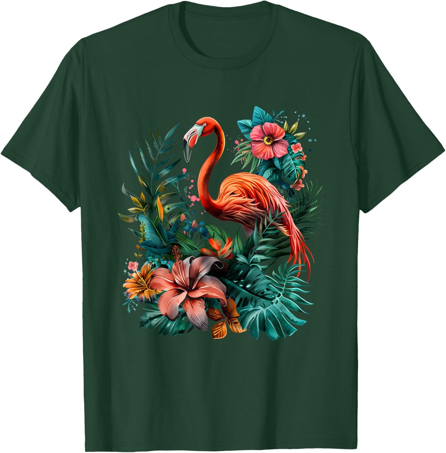 Pink Flamingo Bird Floral Artwork Nature Pink Flamingo Bird T-Shirt - T-Shirt | Forest