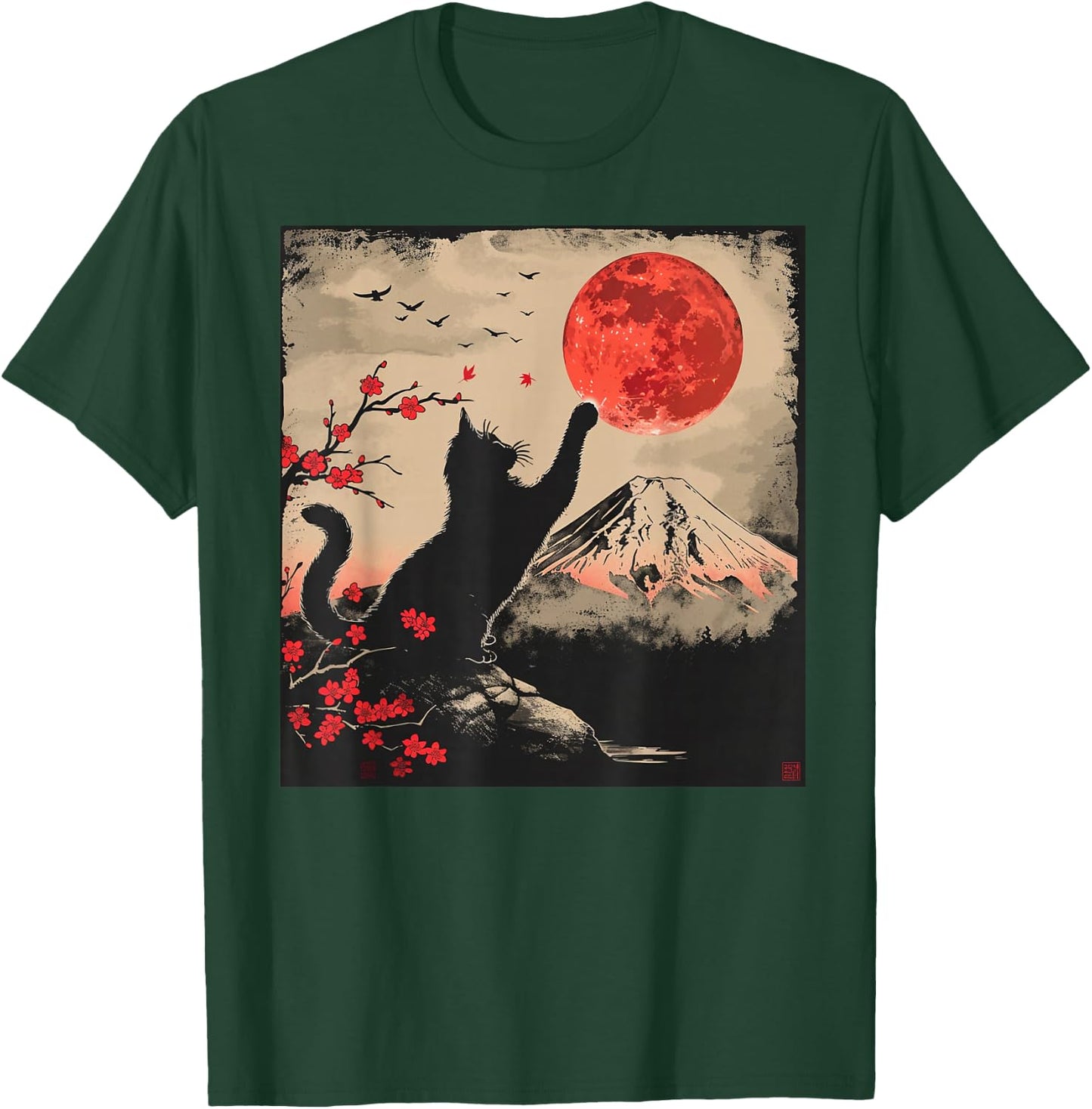 Vintage Japan Art Japanese Theme Retro Print Black Cat T-Shirt - T-Shirt | Forest
