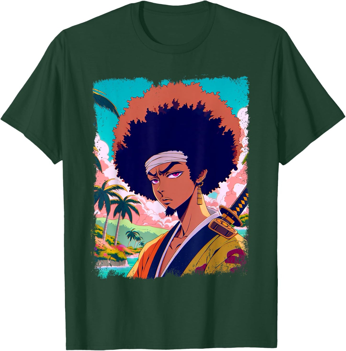 Afro-American Samurai Anime Manga Fighter Japanese Graphic T-Shirt - T-Shirt | Forest