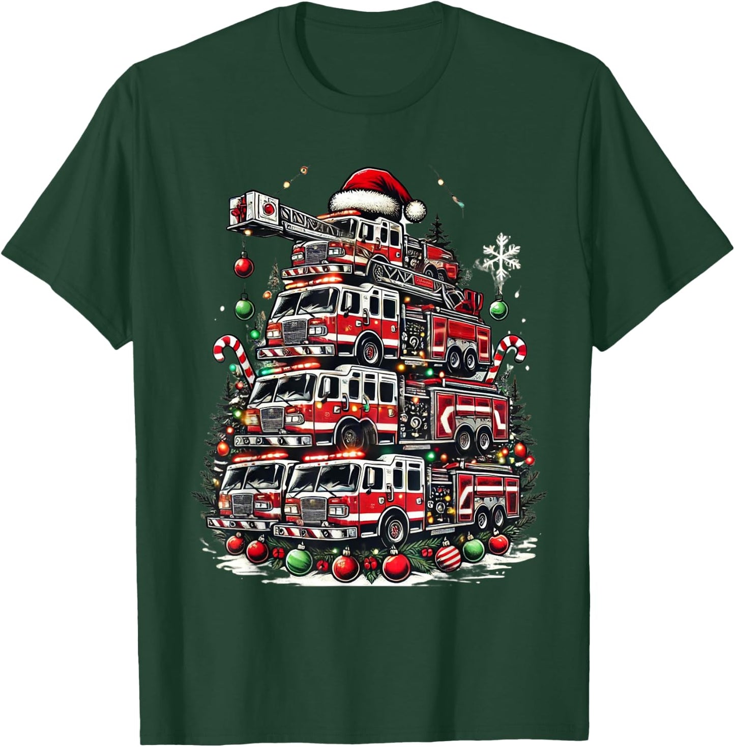 Firefighter Fire Truck Christmas Tree Lights Santa Fireman T-Shirt - T-Shirt | Forest
