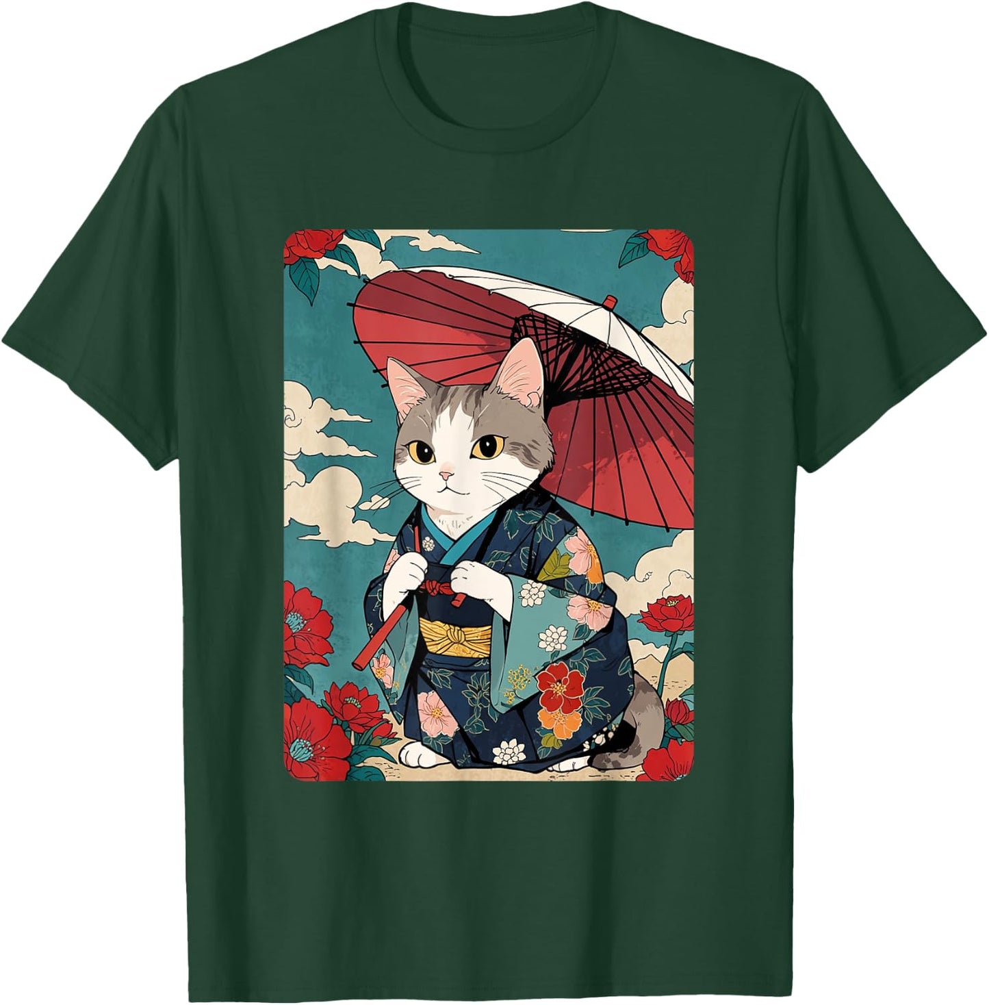 Cute Geisha Cat Japanese Cat Retro Neko Vintage Art Ukiyo-e Men Women Girls Kids T-Shirt - T-Shirt | Forest