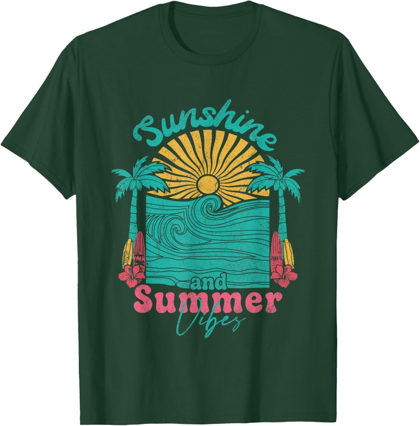 Sunshine and Summer Vibes Retro Beach Vacation Girls Trip T-Shirt - T-Shirt | Forest