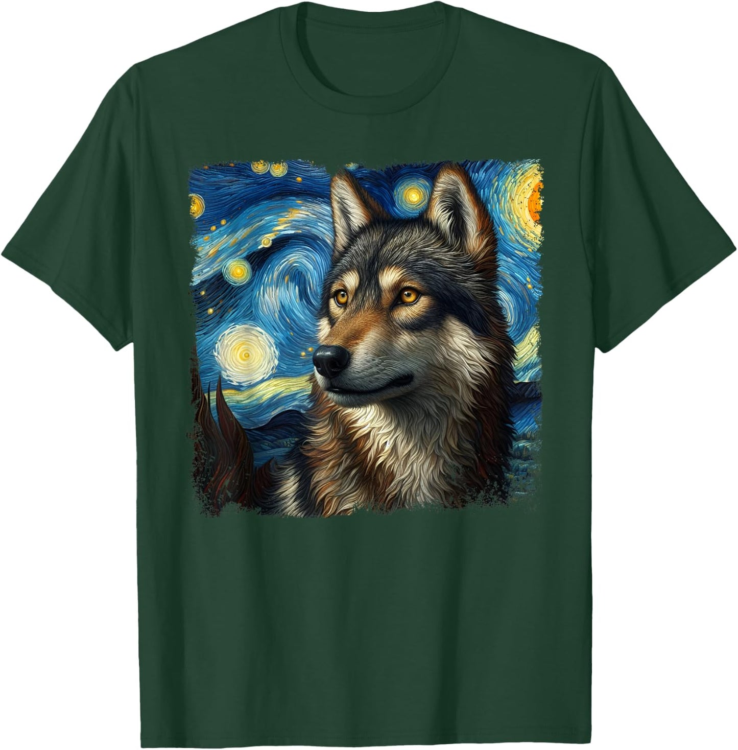 Wolf Starry Night Van Gogh Painting Wolves Lovers T-Shirt - T-Shirt | Forest