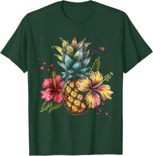Pineapple And Hibiscus Flower Hawaii Summer Beach Women Kids T-Shirt - T-Shirt | Forest