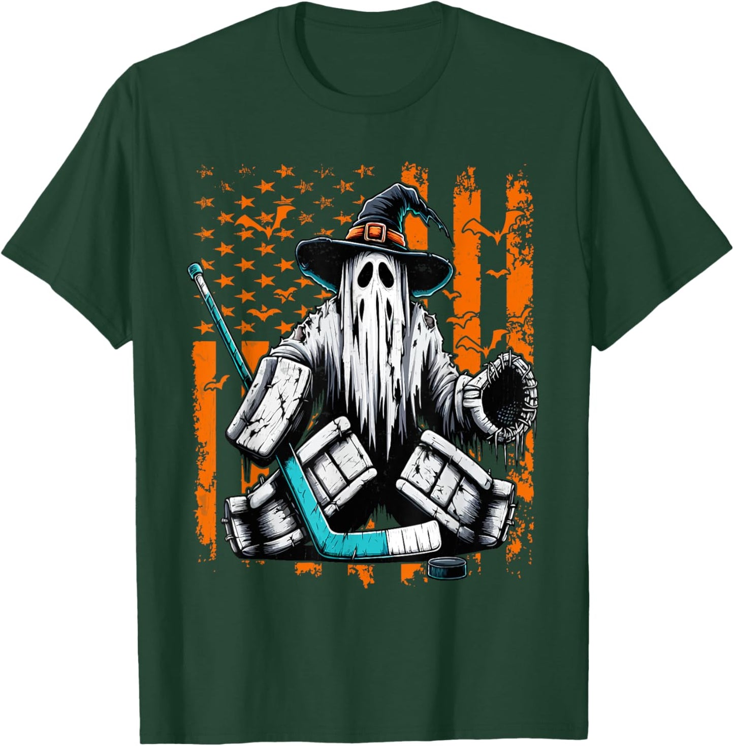 Hockey Goalie Ghost Halloween American Flag Ice Hockey T-Shirt - T-Shirt | Forest