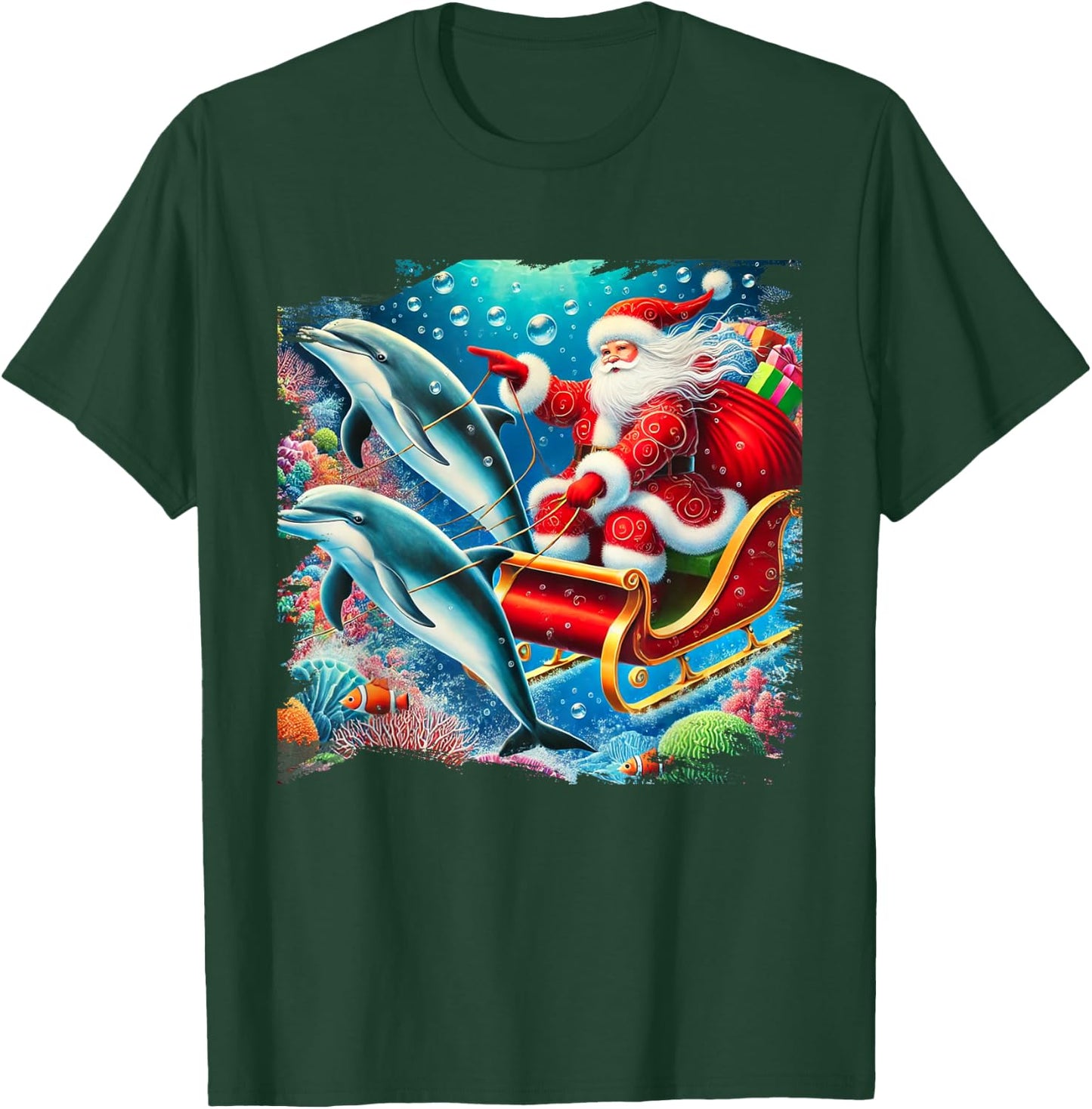 Santa Riding Dolphin Reindeer, Ocean Christmas T-Shirt - T-Shirt | Forest