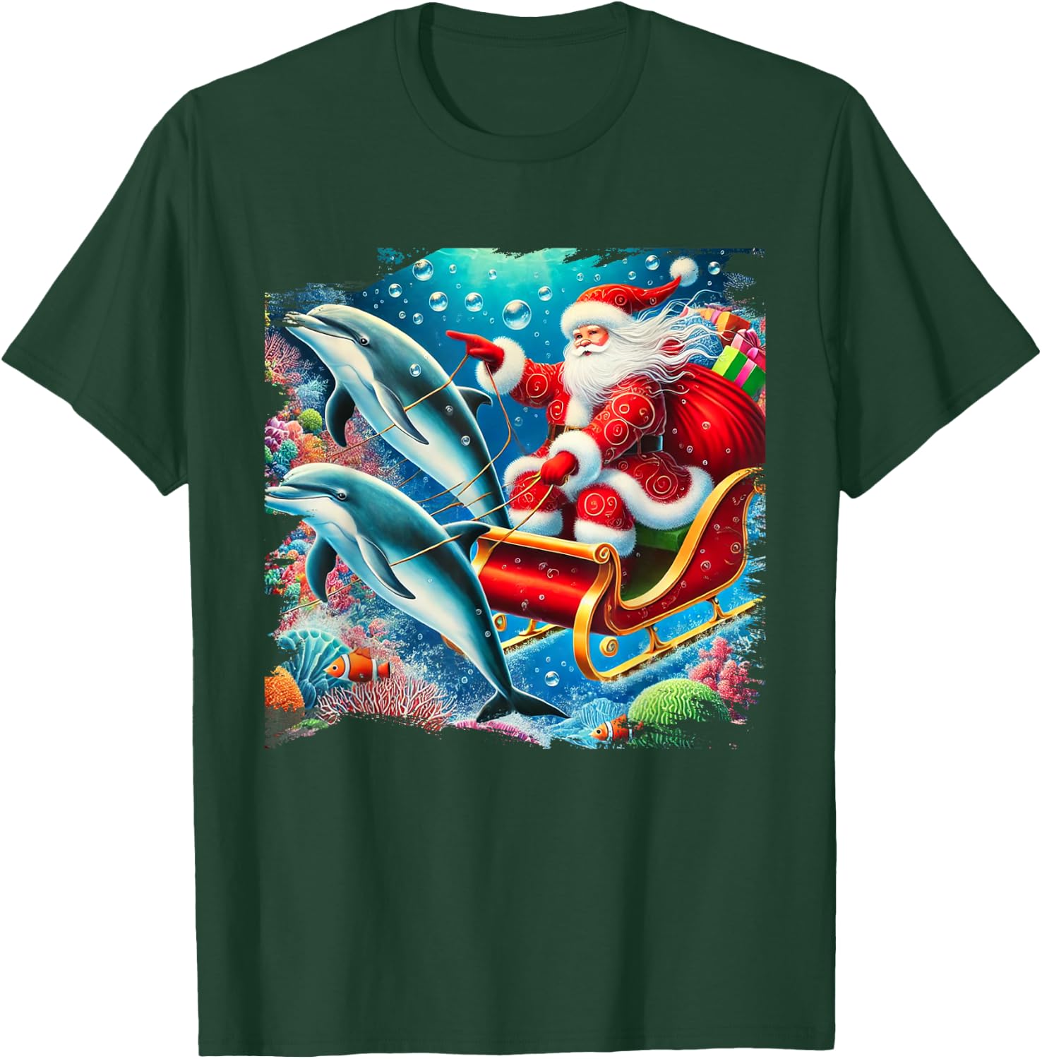 Santa Riding Dolphin Reindeer, Ocean Christmas T-Shirt - T-Shirt | Forest
