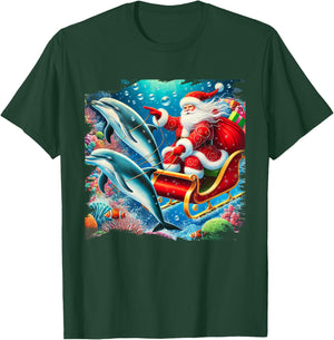 Santa Riding Dolphin Reindeer, Ocean Christmas T-Shirt - T-Shirt | Forest