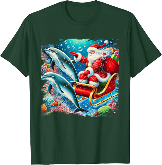 Santa Riding Dolphin Reindeer, Ocean Christmas T-Shirt - T-Shirt | Forest