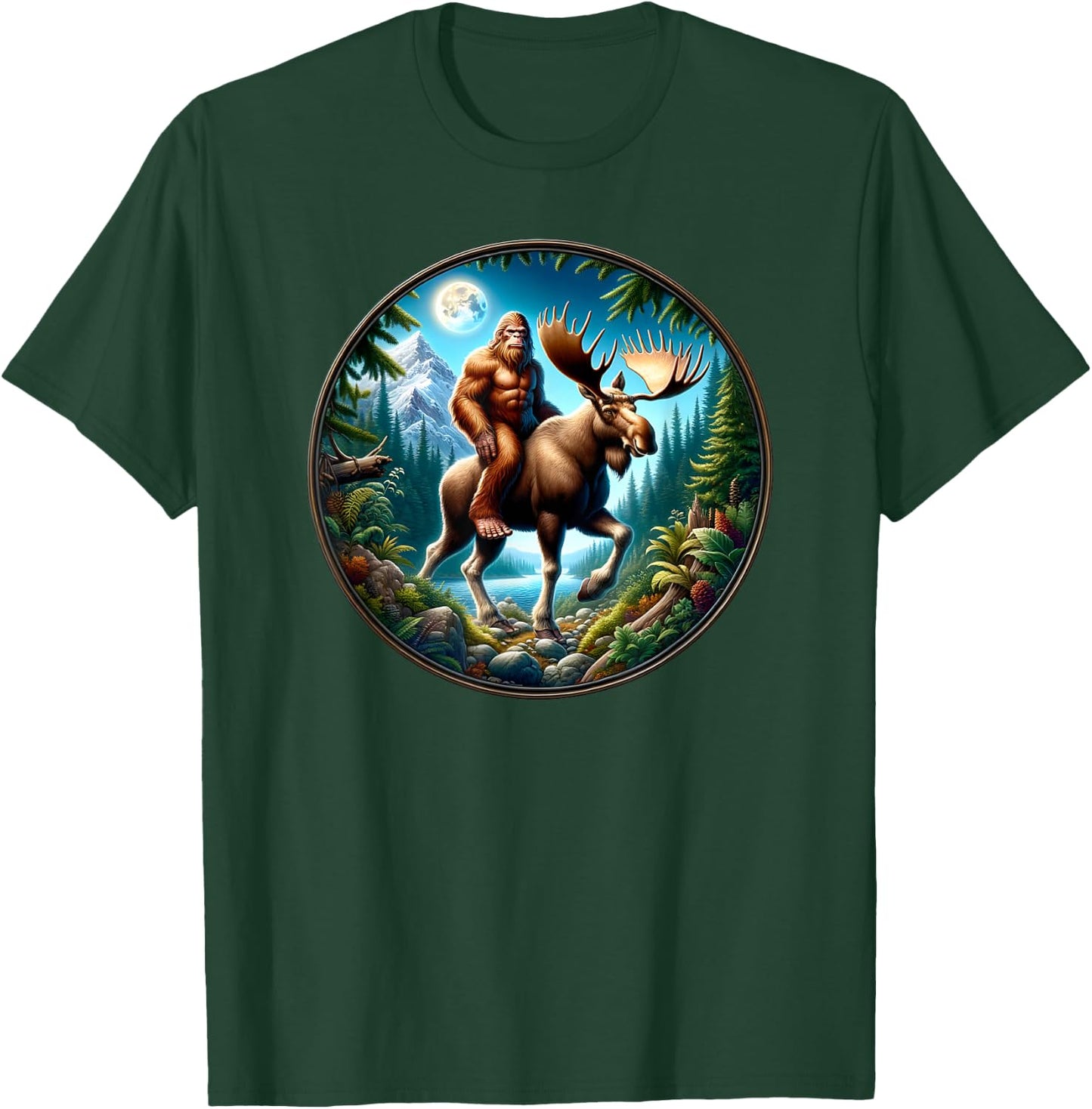 Bigfoot Riding a Moose, Sasquatch Cryptid Wilderness T-Shirt - T-Shirt | Forest