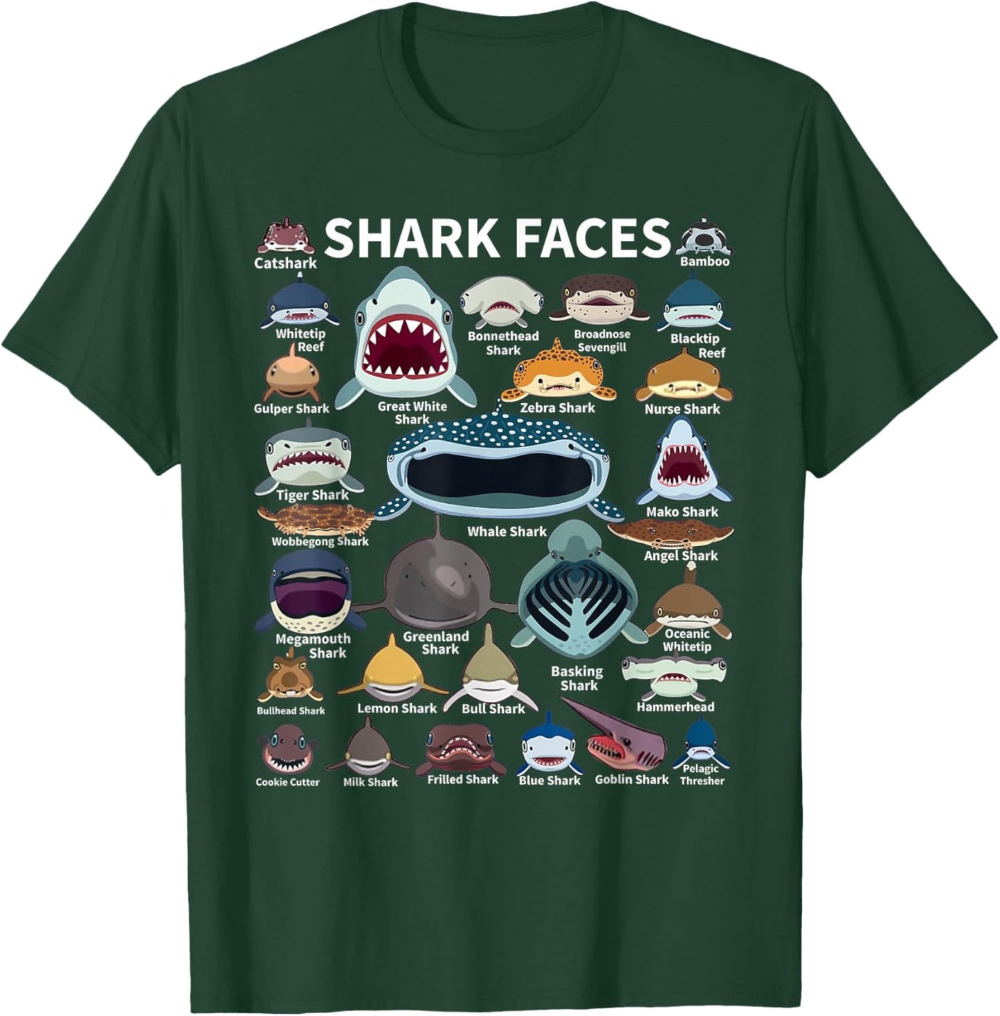 Shark Faces - Type of Shark - Shark Faces of All Kinds T-Shirt - T-Shirt | Forest