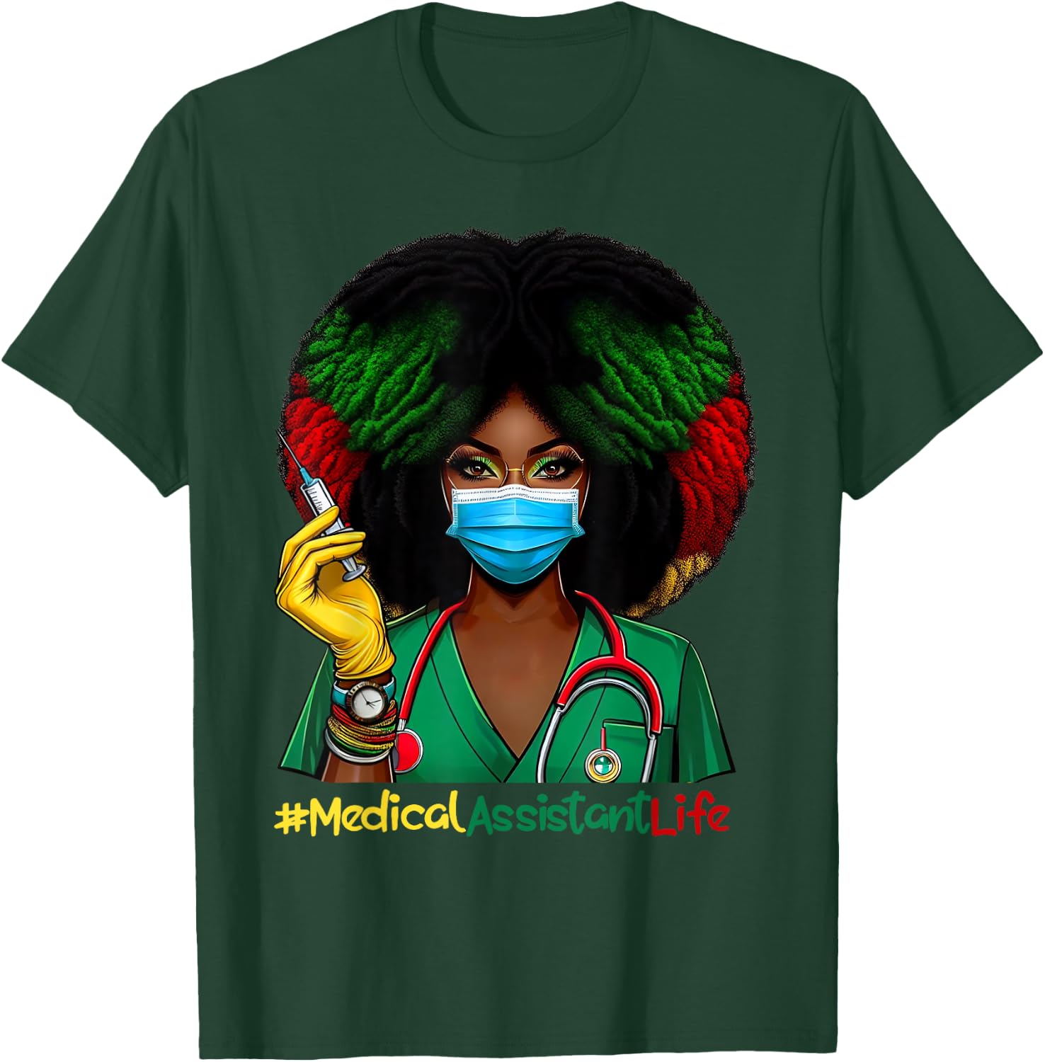 Medical Assistant Nurse Afro Woman Nursing Juneteenth T-Shirt - T-Shirt | Forest