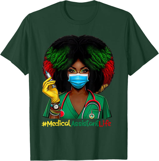 Medical Assistant Nurse Afro Woman Nursing Juneteenth T-Shirt - T-Shirt | Forest