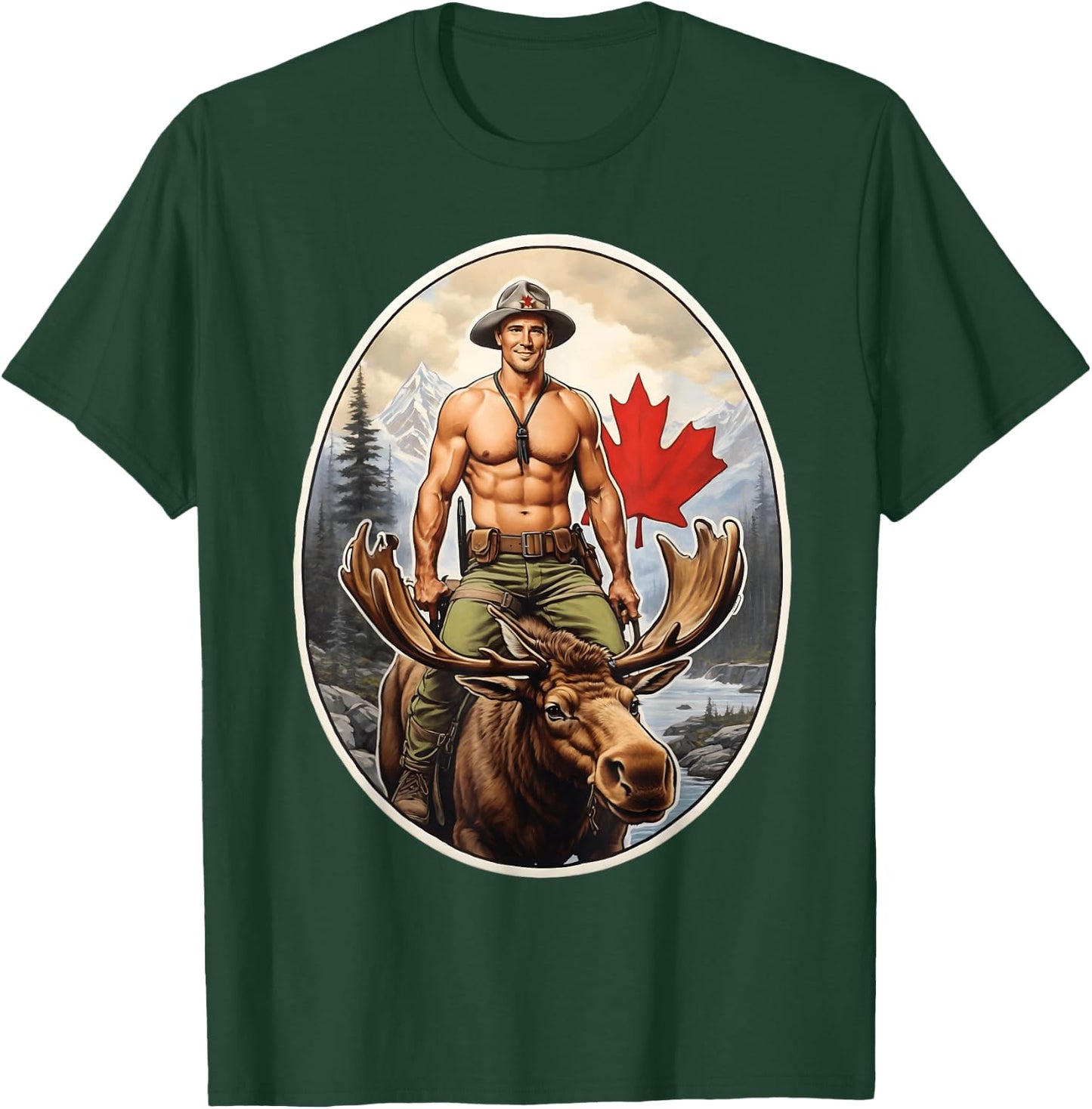 Canadian Mountie Adventure - Shirtless Rider Majestic Moose T-Shirt - T-Shirt | Forest