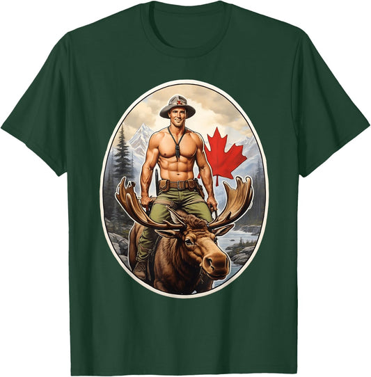 Canadian Mountie Adventure - Shirtless Rider Majestic Moose T-Shirt - T-Shirt | Forest