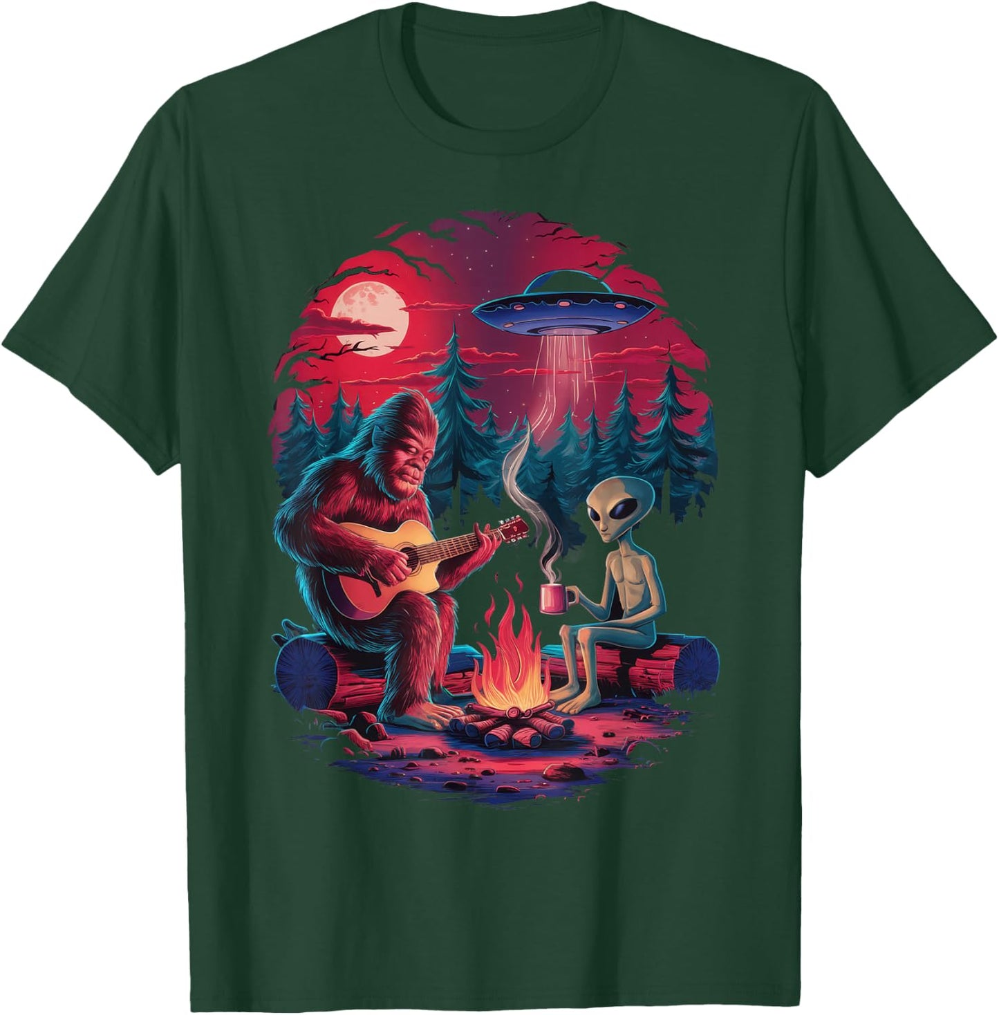 Funny Alien and Bigfoot Campfire Moon UFO Adventure Hiking T-Shirt - T-Shirt | Forest