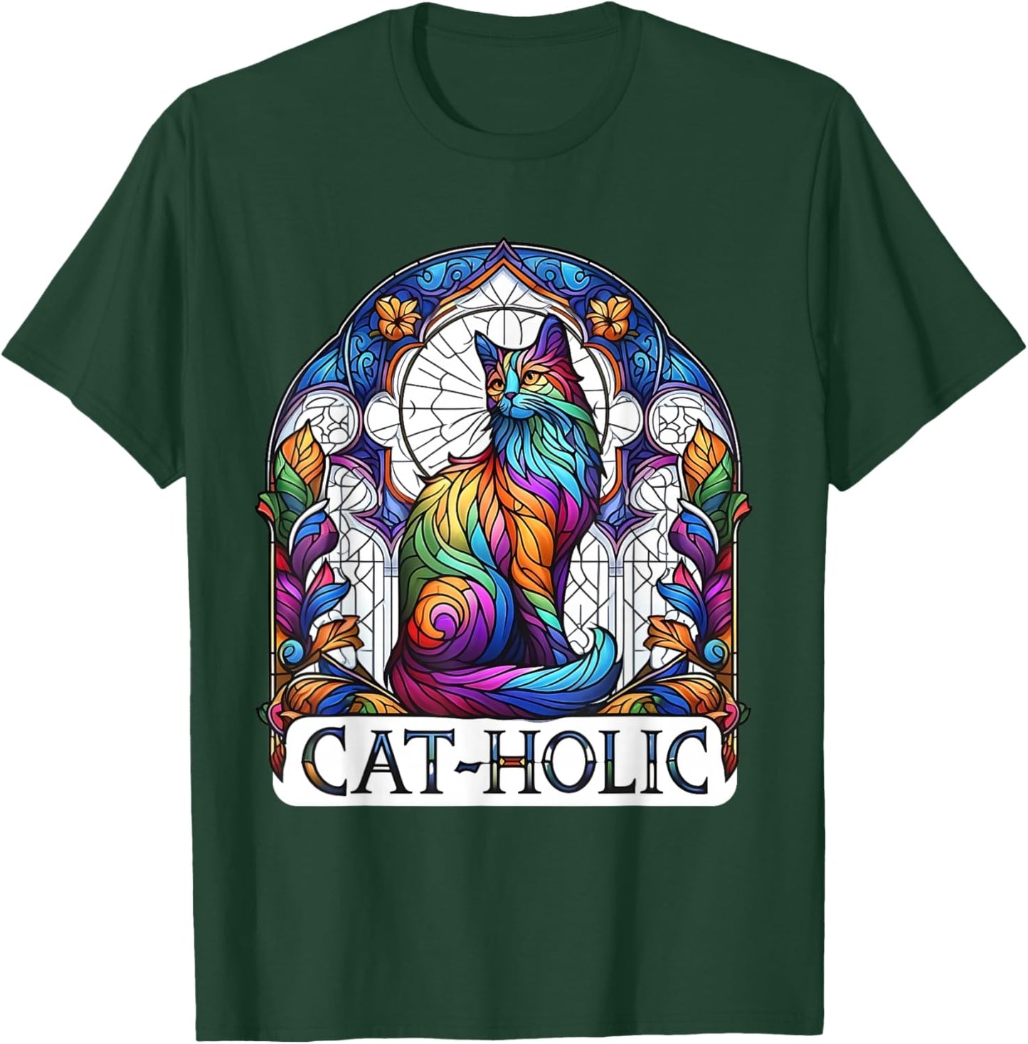 Cat-holic. Funny Catholic. Stained Glass Cat. T-Shirt - T-Shirt | Forest