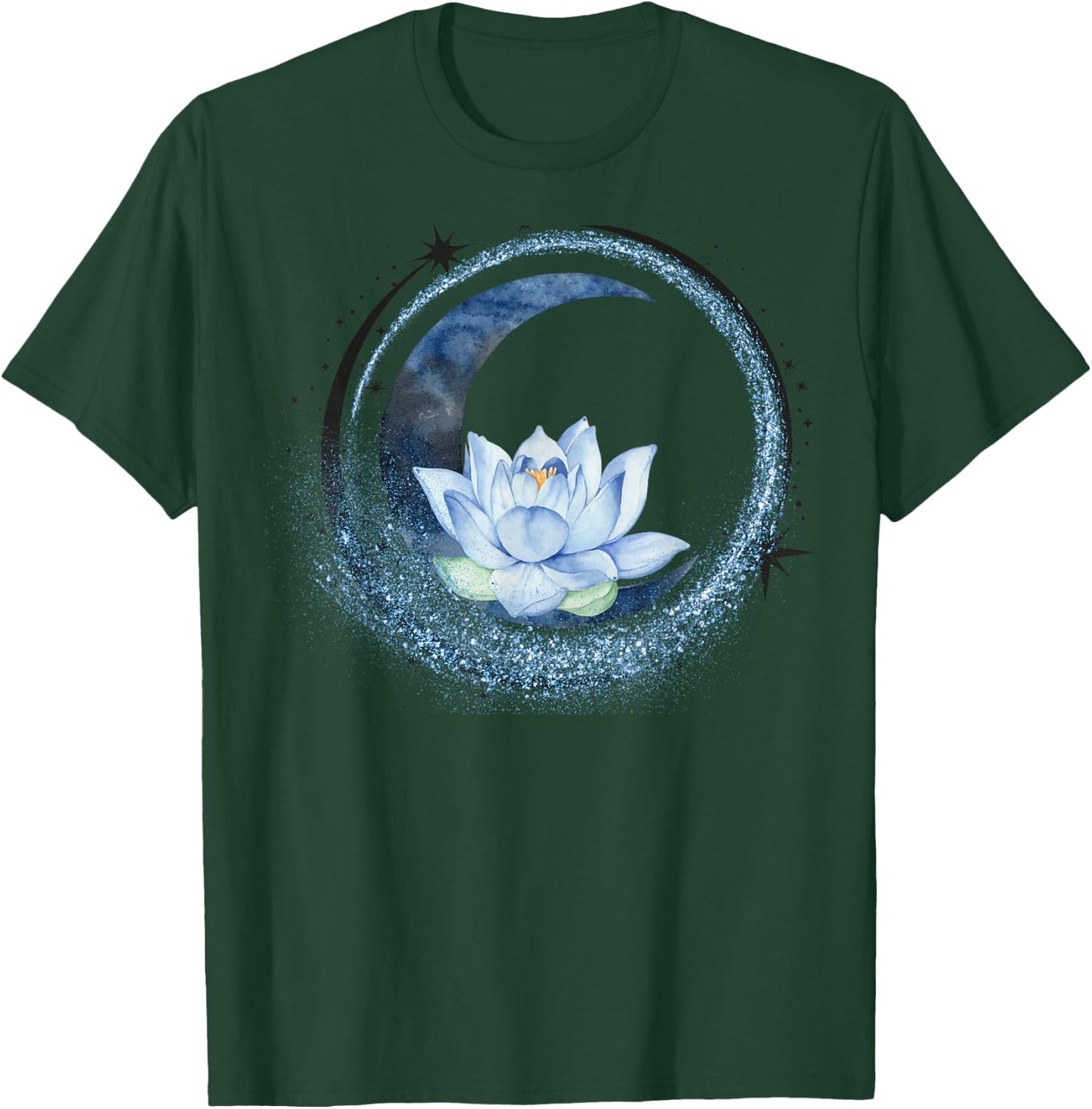 Crescent Moon and Circle of Stars with Lotus Flower Graphic T-Shirt - T-Shirt | Forest