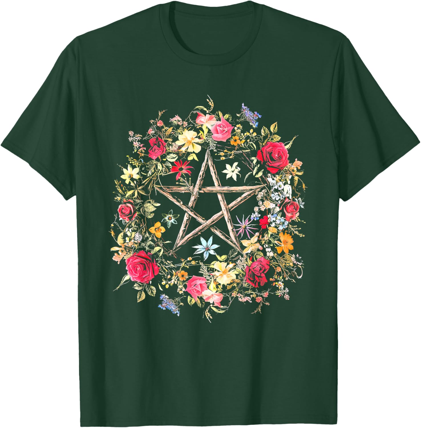 Boho Flower Pentagram Witchy Wicca Witchcraft Pagan Occult T-Shirt - T-Shirt | Forest