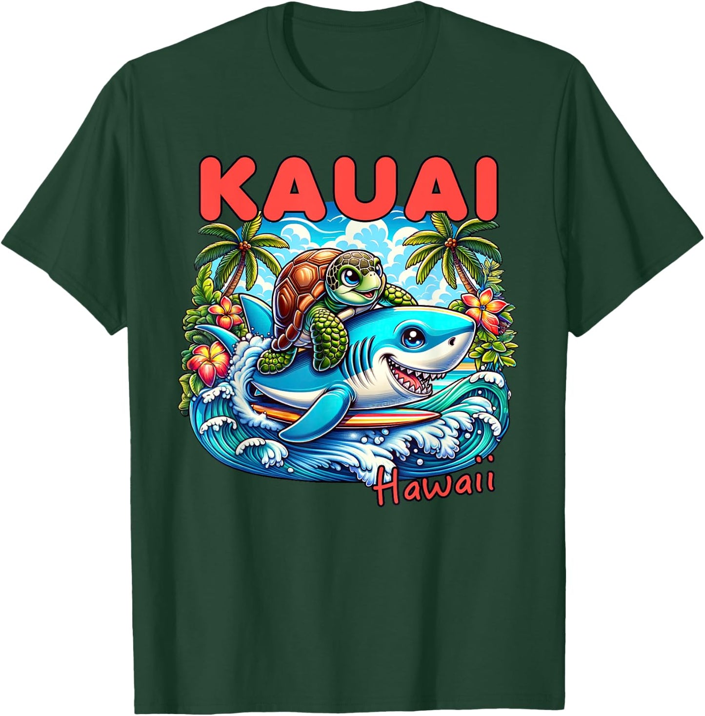 Kauai Hawaii Beach Turtle and Shark Women Girls Kids T-Shirt - T-Shirt | Forest