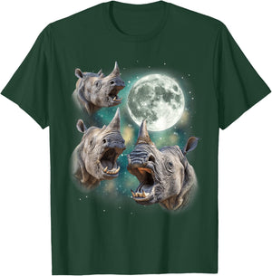 Three Rhino Moon | 3 Howling Rhinos Safari Animal Parody T-Shirt - T-Shirt | Forest