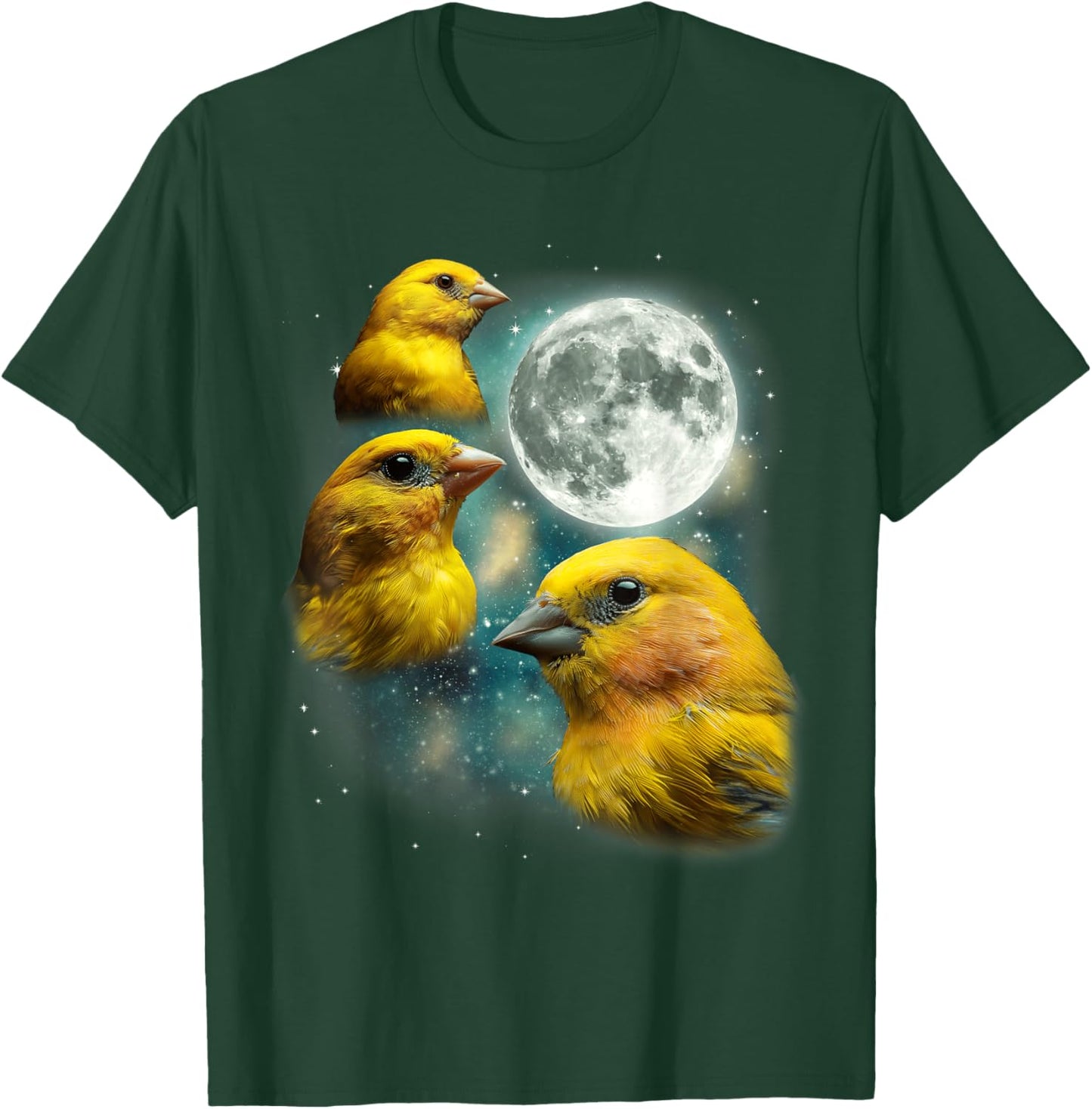 Three Canary Moon | 3 Canaries On A Magical Night Cute Bird T-Shirt - T-Shirt | Forest