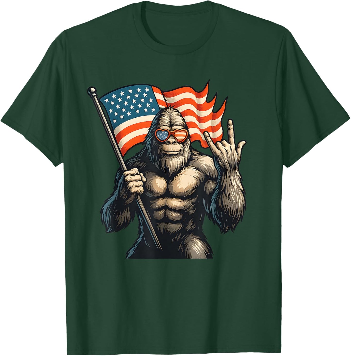 Patriotic Bigfoot Holding USA Flag Rock Hand Sunglasses T-Shirt - T-Shirt | Forest