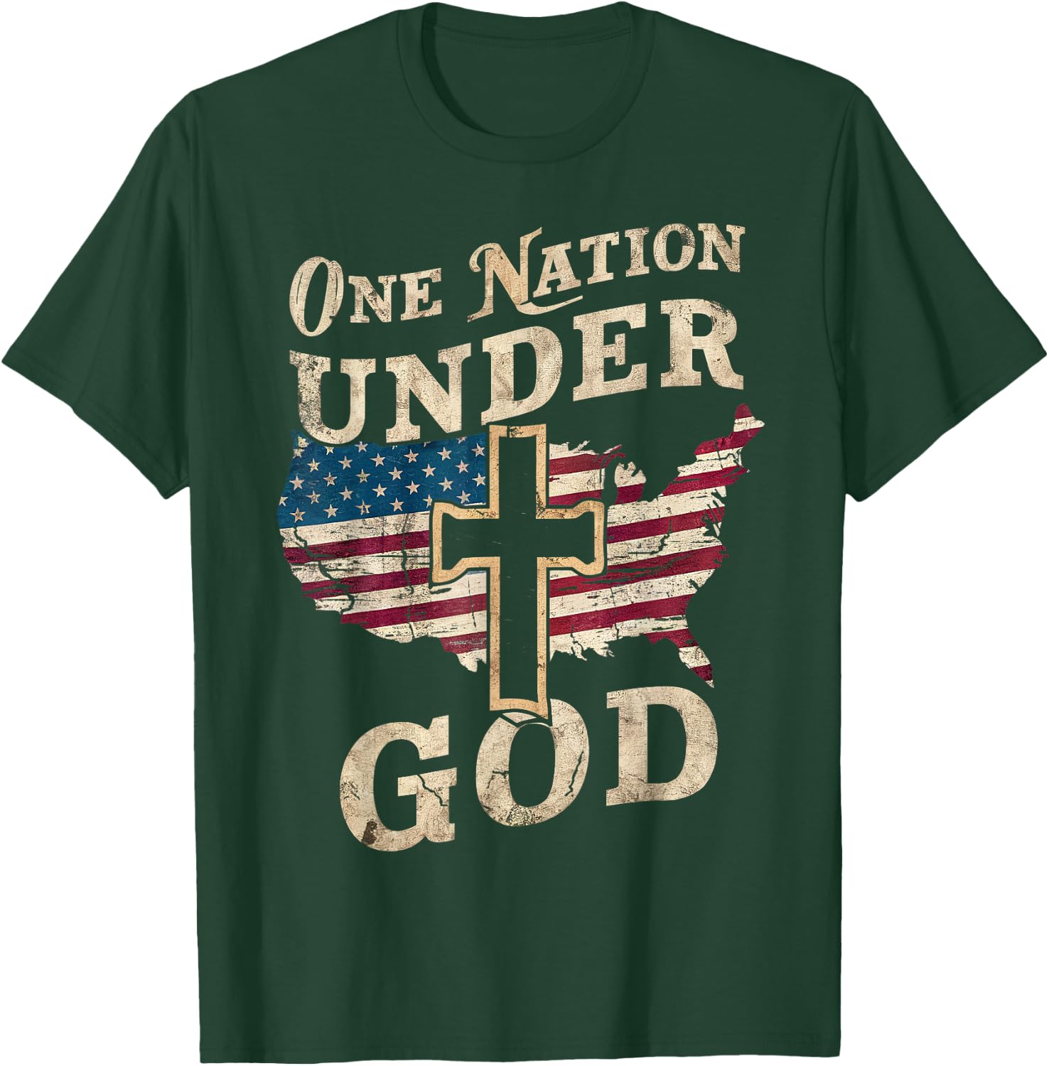 One Nation Under God Cross American Flag Patriotic Christian Women Men T-Shirt - T-Shirt | Forest