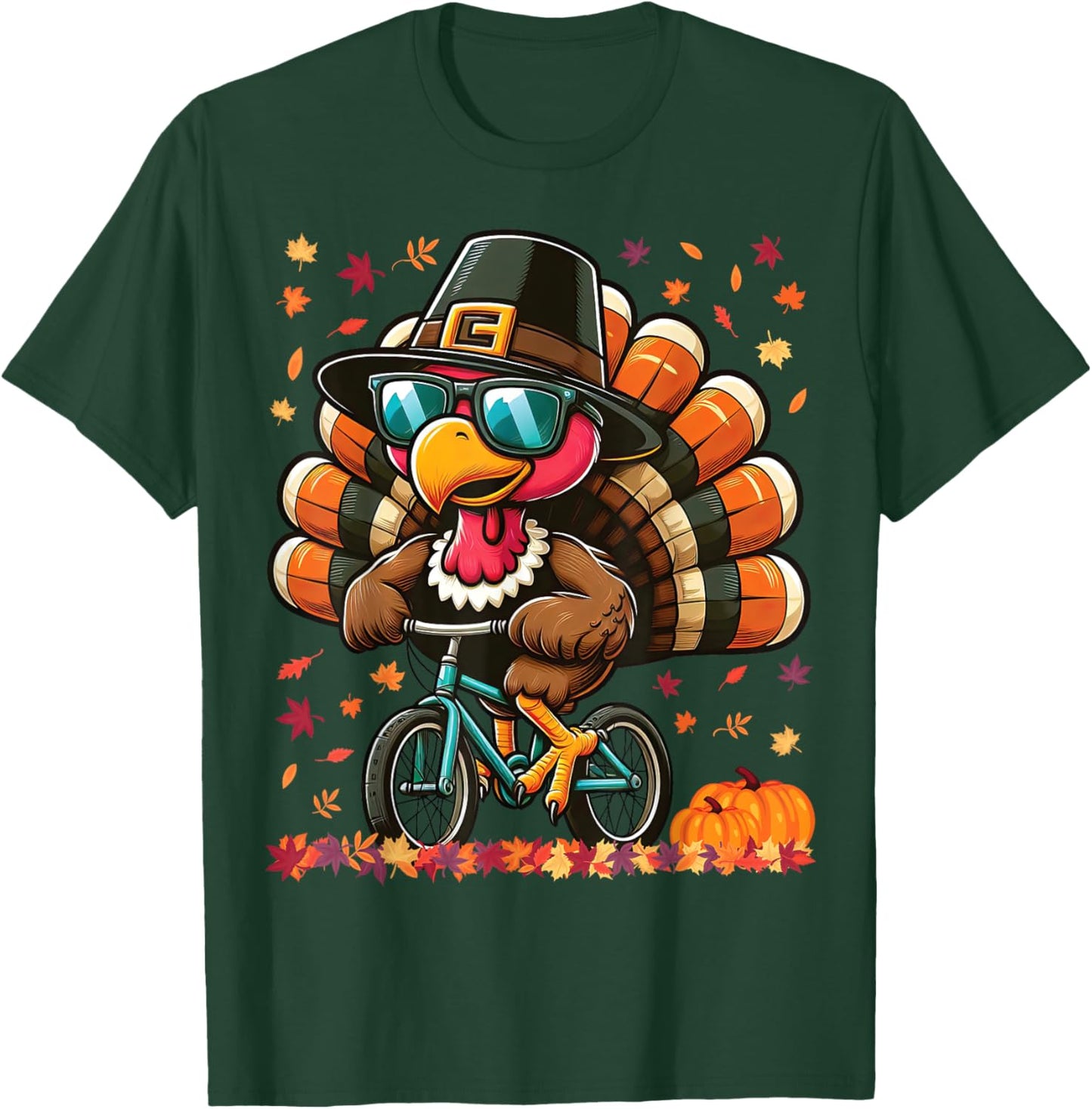 Funny Thanksgiving Turkey with Pilgrim Hat Riding Bicycle T-Shirt - T-Shirt | Forest