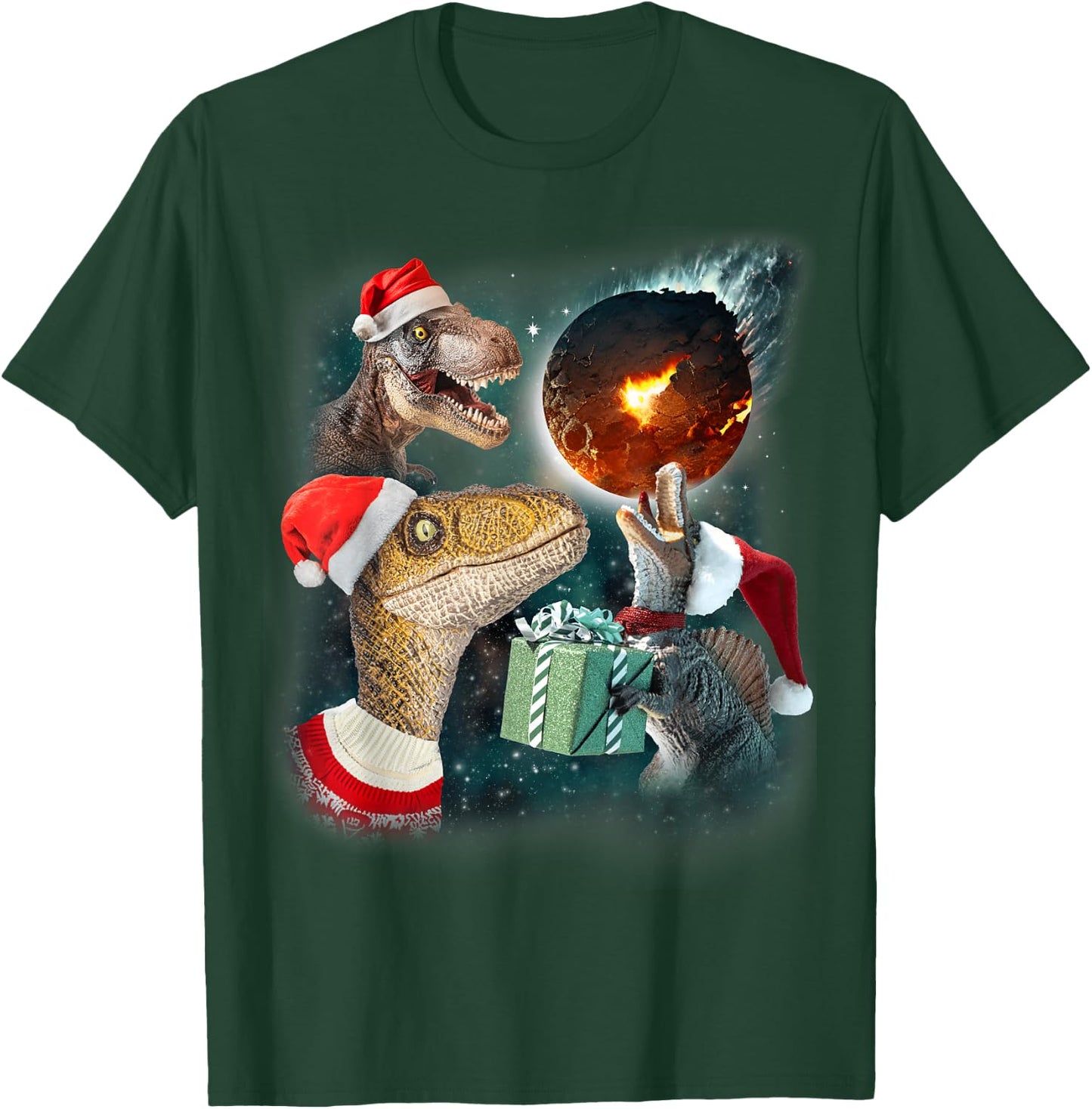 Three Rex Moon | 3 Dinos Howling Weird Cursed Christmas Meme T-Shirt - T-Shirt | Forest