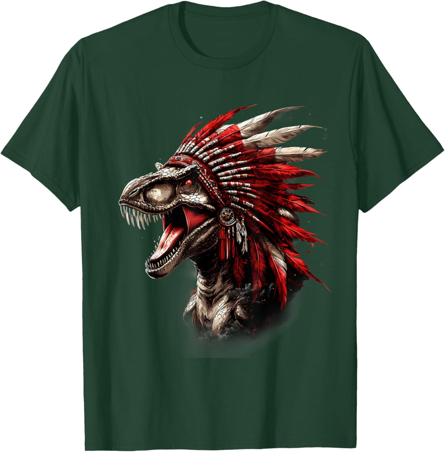 Native American Feather Headdress Dino T-Rex Artwork T-Shirt - T-Shirt | Forest