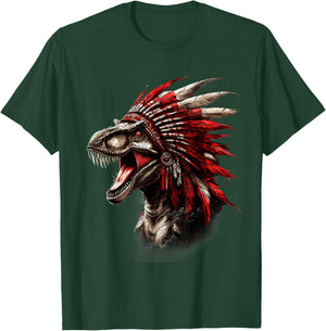 Native American Feather Headdress Dino T-Rex Artwork T-Shirt - T-Shirt | Forest