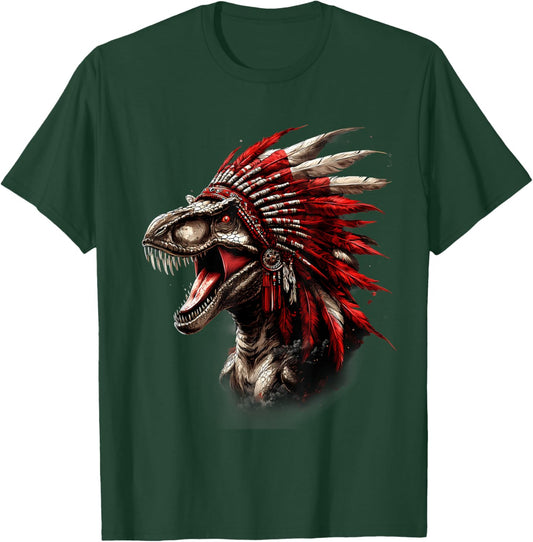 Native American Feather Headdress Dino T-Rex Artwork T-Shirt - T-Shirt | Forest