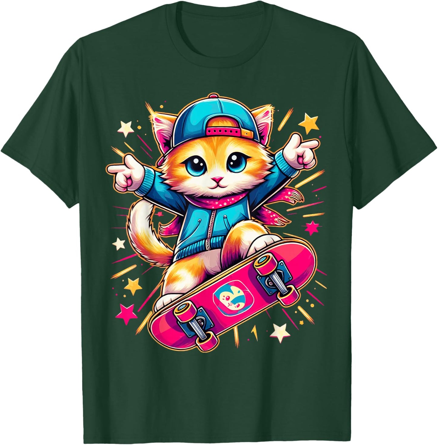 Skate Kitten Cute Adorable Cat Skating Fun Skateboard Tricks T-Shirt - T-Shirt | Forest