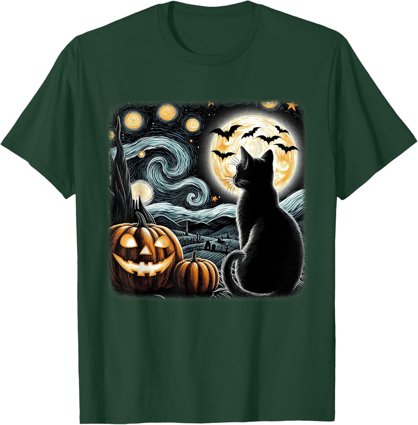 Black Cat Halloween Cat Lover Starry Night Cat Van Gogh Cat Women Kids T-Shirt - T-Shirt | Forest