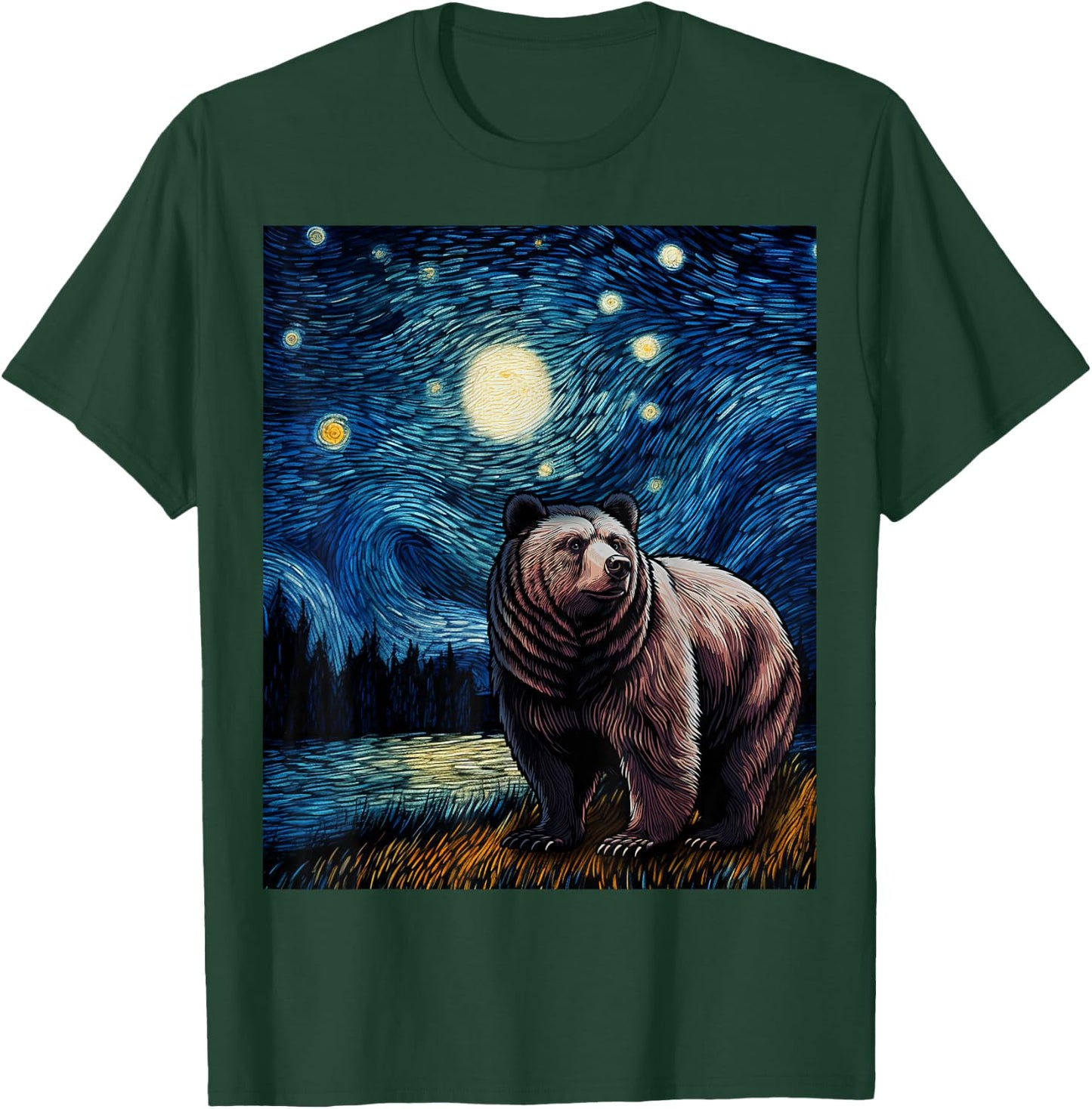 Graphic Grizzly Bear Van Gogh Starry Night Grizzlies Animal T-Shirt - T-Shirt | Forest