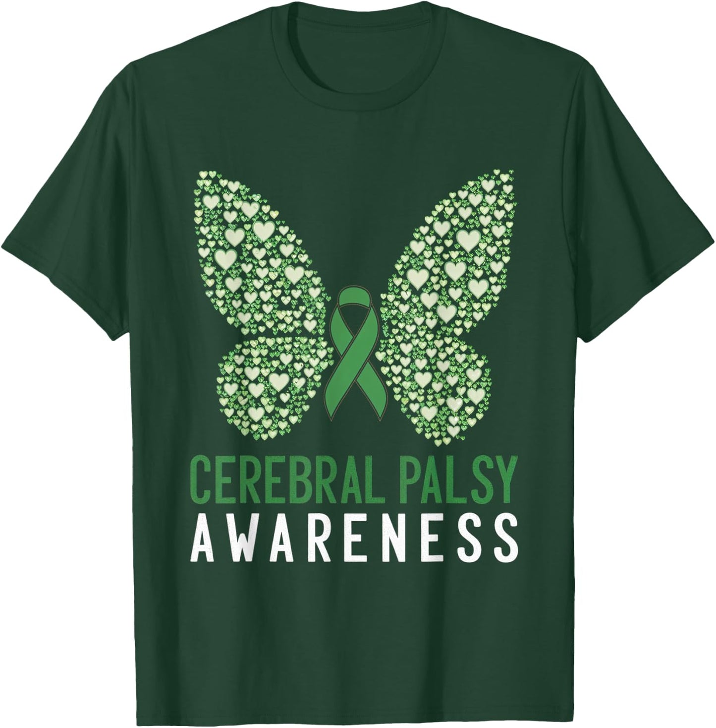 Cerebral Palsy Awareness Green Ribbon Butterfly Support T-Shirt - T-Shirt | Forest