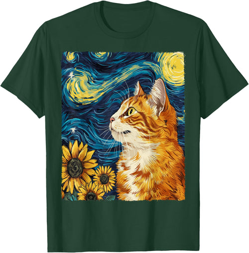 Cat Starry Night Apparel Gifts Graphic Cat Mom Cat Dad -Adults -Kids Black Small Round Collar Sunflower Graphic Modern
