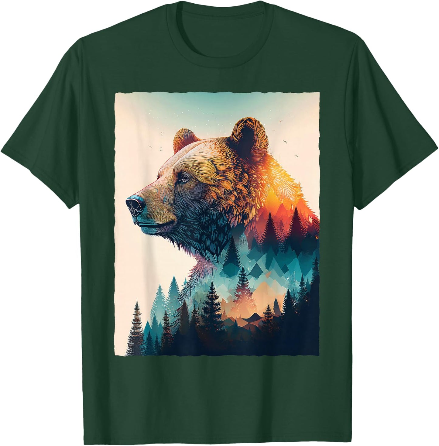 Grizzly Bear Forest Mountain Sunset Double Exposure Art T-Shirt - T-Shirt | Forest