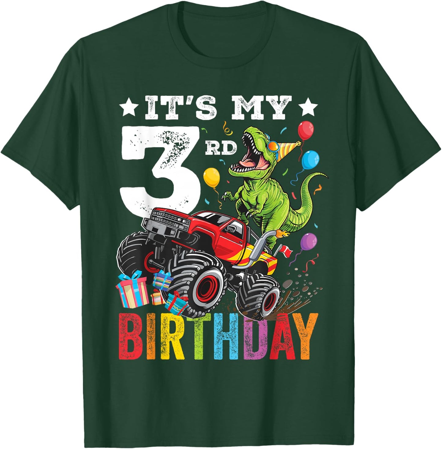 Three 3rd Birthday Dinosaur Monster Truck T-Shirt - T-Shirt | Forest