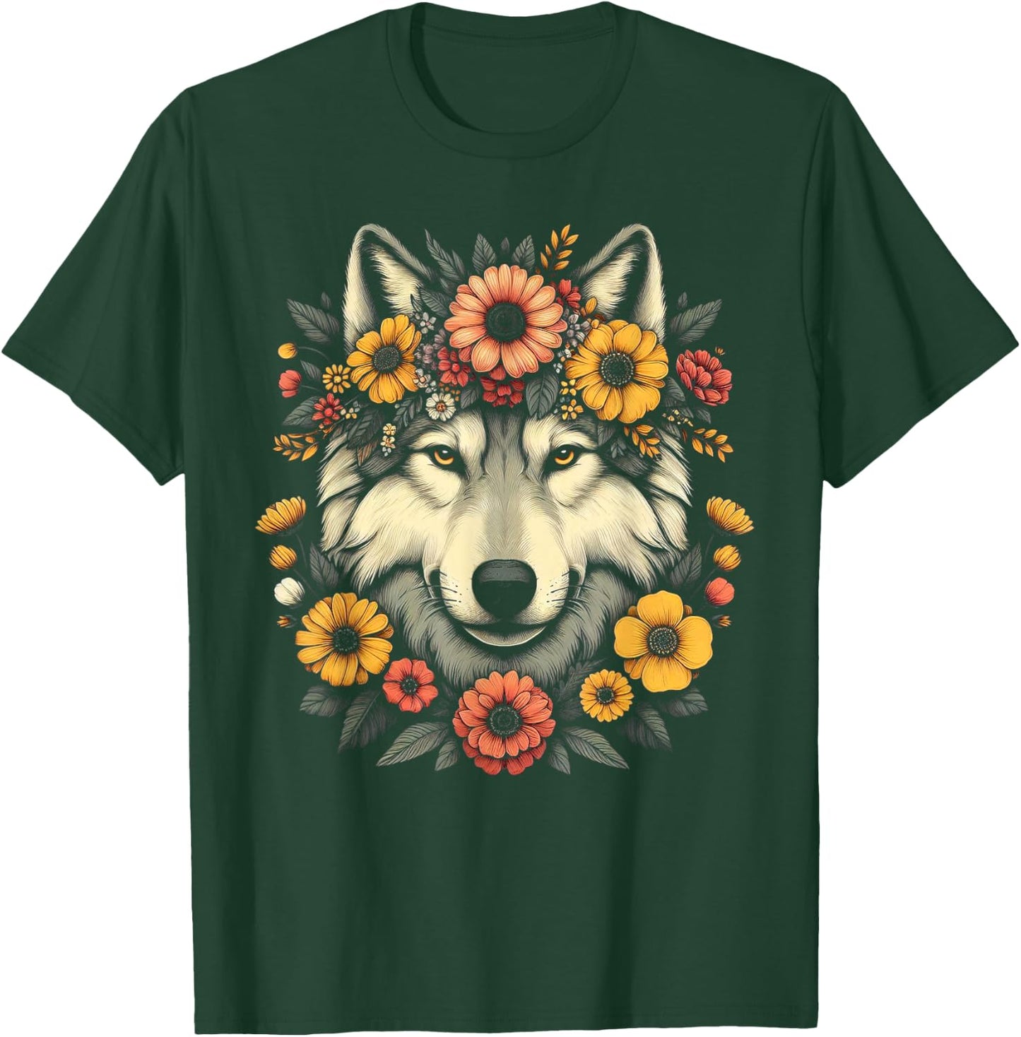 Wolf Flower Crown Floral T-Shirt - T-Shirt | Forest