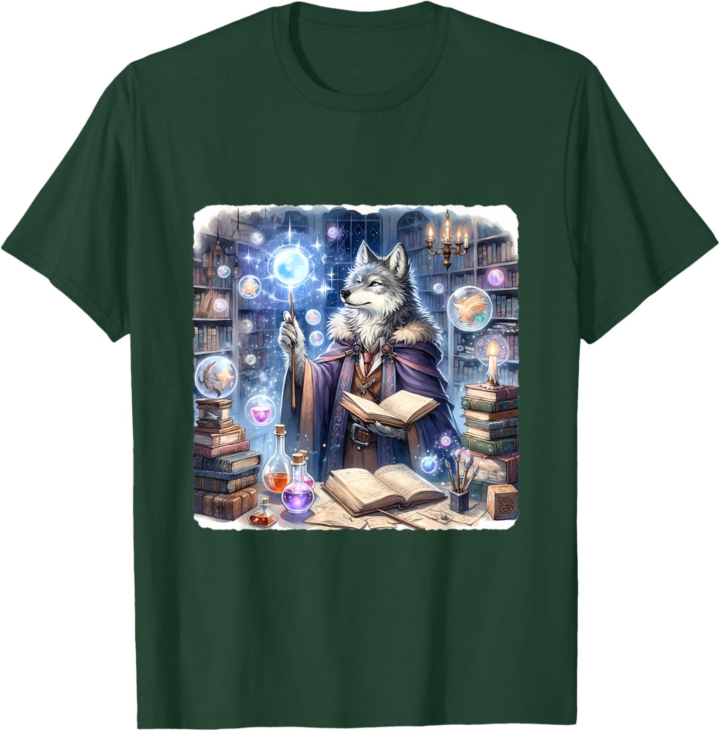Wolf Wizard Casting Spells With Luminous Wand. Books Potions T-Shirt - T-Shirt | Forest