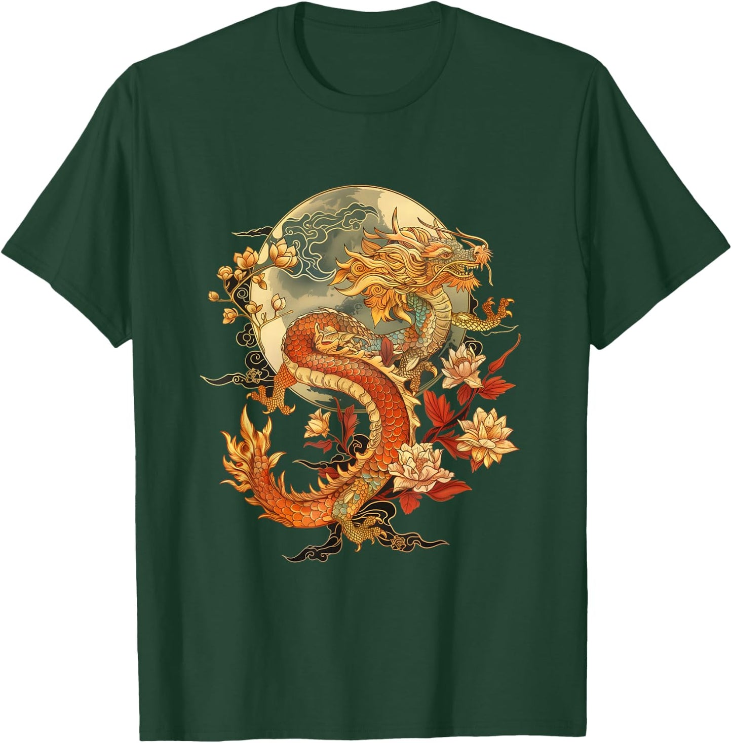 Crimson Lunar Floral Dragon Art Noveau T-Shirt - T-Shirt | Forest