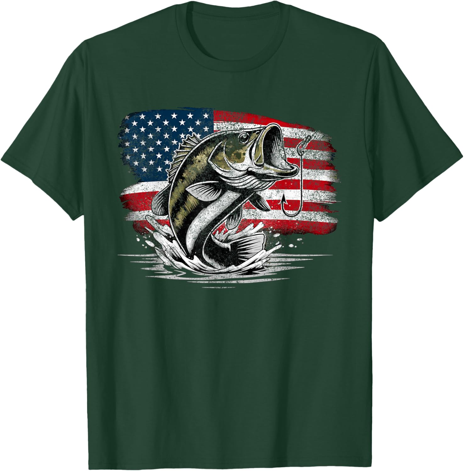 Fishing Retro US American Flag Bass Fish Fisherman Camo T-Shirt - T-Shirt | Forest